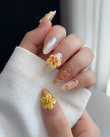 Caramel Bloom custom size medium almond press-ons with caramel floral accents
