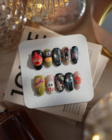 Cute Flame Elves nails in medium oval — cartoon mix design flame