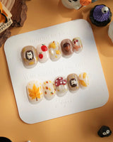 Cute Hedgehog autumn press-on nails with mushroom art, soft plaid, and playful 3D accents