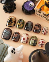 Spooky Night handmade press-on nails featuring Vintage Halloween, Pumpkin Castle & Blood Splatter.