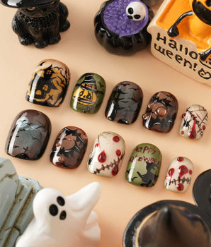Spooky Night handmade press-on nails featuring Vintage Halloween, Pumpkin Castle & Blood Splatter.