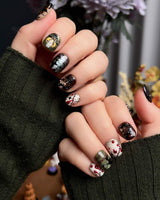 Spooky Night press-on nails in extra short squoval shape — Vintage Halloween, Pumpkin Castle & Blood Splatter.