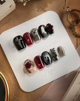 Dark Fairytale press-on nails — Black Red Gothic, 3D Rose Cross. handmade nail art by Joyee Nails