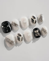 Dark Ice press-on nails in extra short squoval shape — black gradient silver chrome 3D gothic nails