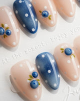 Denim Berry extra short almond nails with 3D blueberries on washed indigo and nude