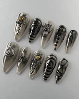 Devil Charm press-on nail set — Sheer Black Gothic, 3D Skull & Dark Aesthetic. design, hand-painted with real gel polish