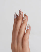 Dew Wing press-on nails in short almond shape — Dreamy Night, Metallic Relief Dragonflies & Fluid Butterfly Wings.