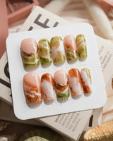 Double Latte coffee and matcha marble press-on nails in medium square shape