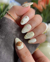 Double Love press-on nails — Creamy White Cute Healing, 3D Cats & Golden Flowers. handmade nail art by Joyee Nails