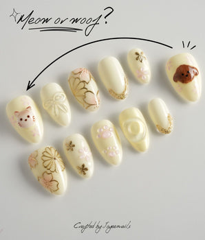 Double Love handmade press-on nails featuring Creamy White Cute Healing, 3D Cats & Golden Flowers.