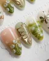 Dragonfly Pond handmade press-on nails featuring Mori Fairy Dream, 3D Metallic Dragonflies & Hand-painted Lily of the Valley.