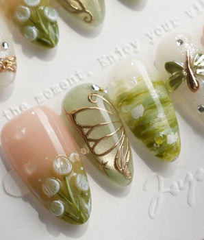 Dragonfly Pond handmade press-on nails featuring Mori Fairy Dream, 3D Metallic Dragonflies & Hand-painted Lily of the Valley.