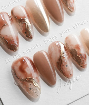 Driftwood Medium Almond nude marble press on nails with brown marble handmade nail art - image 1