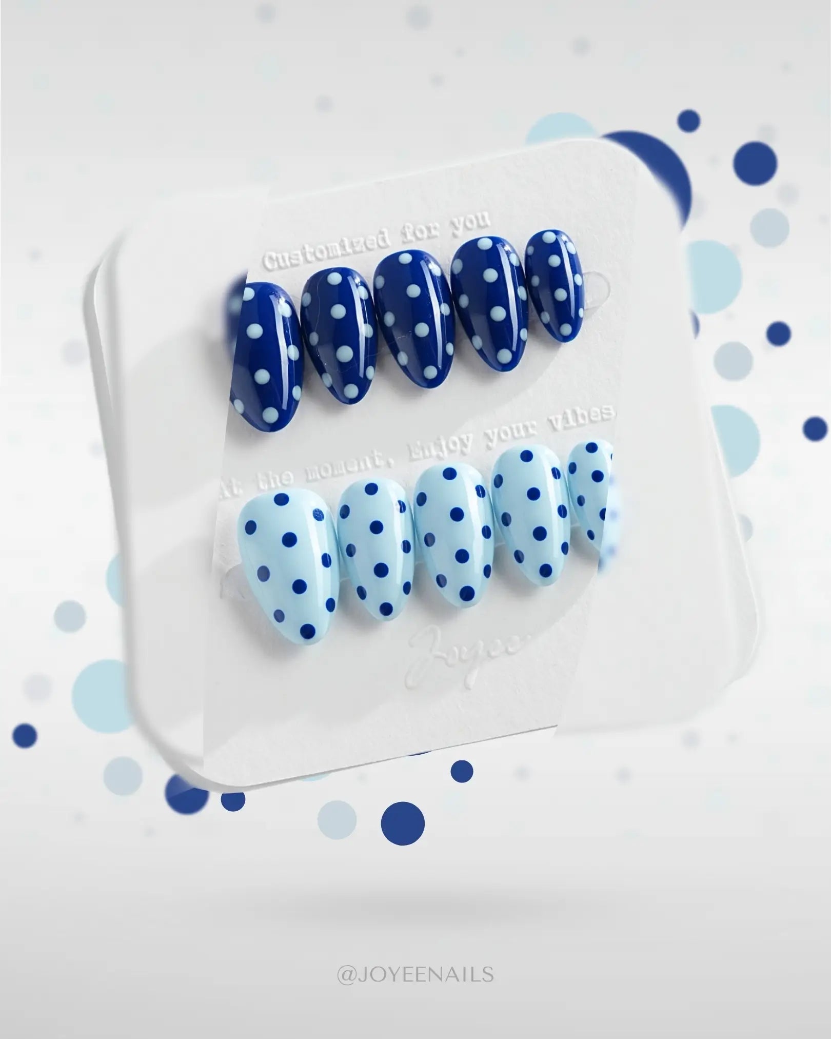 Dual Blue Polka Dot Nails – Almond Press Ons with Gloss Finish – Joyeenails, image size:1620x2025