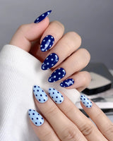 Blue Swirl press-on nail set — navy blue & light blue Polka Dots design, hand-painted with real gel polish