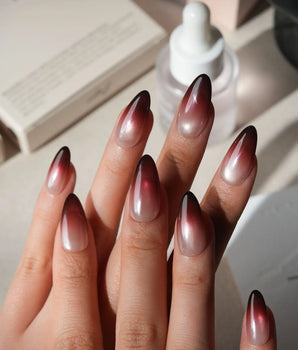 Dusk press on nails fading from champagne pearl through rose to a deep burgundy tip with shimmer through the whole nail - image 2