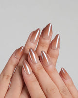 Caramel Chrome handmade press-on nails featuring Nude Brown chrome, Glossy Caramel Style.