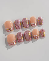 Falling Sakura press-on nails — Elegant Rosy Mauve, Hand-painted Blooms & Pearls. handmade nail art by Joyee Nails