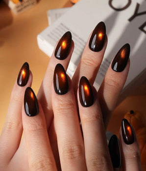 Ember spotlight cat eye press on nails, dark coffee brown with a glowing amber magnetic spot - image 1