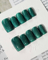 Emerald Green Nail Designs Cat-eye Nails press-on nails in short square shape — emerald green cat eye nails
