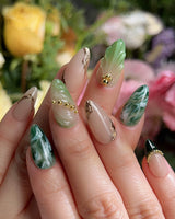 Emerald - Jade Sutra nail art close-up showing Elegant Grape Green, Marble Smudge & Liquid Metal. details