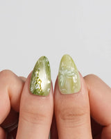 Emerald Wild press-on nails in short almond shape — Mori Monet's Garden, Hand-painted Forest Fairies & 3D Water Droplets.