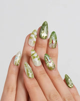 Emerald Wild press-on nails in short almond shape — Mori Monet's Garden, Hand-painted Forest Fairies & 3D Water Droplets.