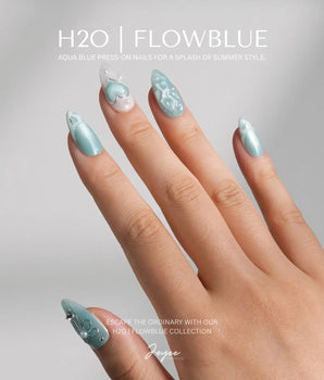 Exuma Blue handmade press-on nails featuring Light Blue and 3D Heart & Ripples