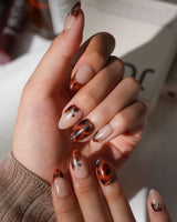 Joyee Nails Pumpkin Patch handmade fall almond press-on nails with cozy tortoise art