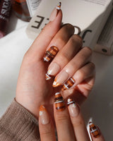 Picnic Short Almond plaid press on nails with orange fall handmade nail art - image 4