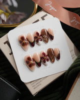 Nightbloom Short Almond floral press on nails with brown floral 3D handmade nail art - image 1