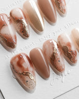 Driftwood Medium Almond nude marble press on nails with brown marble handmade nail art - image 1