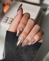 Driftwood Medium Almond nude marble press on nails with brown marble handmade nail art - image 2