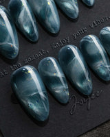 Storm Medium Almond blue cat eye press on nails with blue cat eye marble handmade nail art - image 1