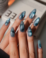 Storm Medium Almond blue cat eye press on nails with blue cat eye marble handmade nail art - image 4
