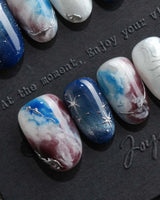 Midnight Short Oval dark blue press on nails with blue marble handmade nail art - image 1