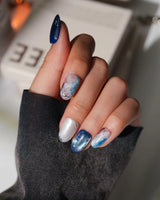 Midnight Short Oval dark blue press on nails with blue marble handmade nail art - image 5