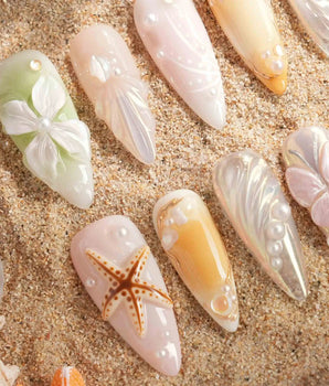 Fairy Bay handmade press-on nails featuring Ocean Style, 3D Starfish, Butterfly & Florals