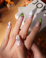 Fairy Ring press on nails with 3D pink and lime mushrooms, a glitter ghost with pink bow and lime green cat eye tips with gold vines - image 5