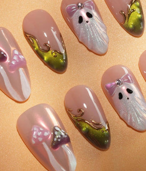 Fairy Ring press on nails with 3D pink and lime mushrooms, a glitter ghost with pink bow and lime green cat eye tips with gold vines - image 3