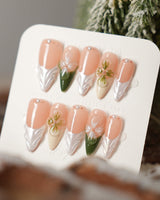 Duchess Olive press-on nails with olive green accents, 3D florals, and glossy finish