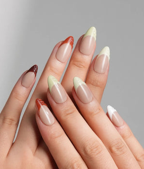 Fall Palette handmade press-on nails featuring Warm Multicolor, 3D Textured French.