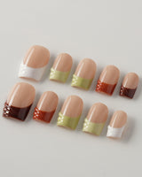 Fall Palette in short square shape with earthy multicolor nails and textured French accents