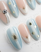 FIFA Argentina medium almond press-on nails with sky blue, white, and gold soccer art