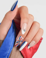 FIFA France medium almond press-on nails with Bleu Blanc Rouge World Cup soccer design
