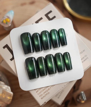 Forest Green Chase press-on nails in medium square shape — Forest green cat eye