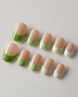 Forest Layers press-on nails in extra short oval shape — Nude Pink & Green, 3D Textured French.