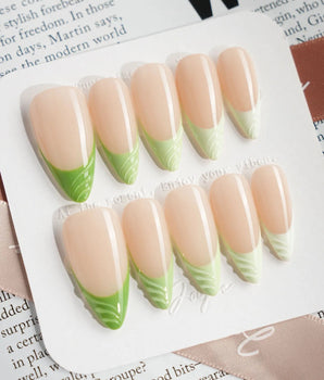 Forest Layers press-on nails in medium stiletto shape — Nude Pink & Green, 3D Textured French.
