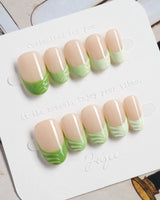 Forest Layers press-on nails in short oval shape — Nude Pink & Green, 3D Textured French.