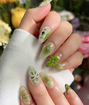 FourLeaf - Rebel Clover handmade press-on nails featuring Fresh Matcha Green, 3D Clovers & Bows.